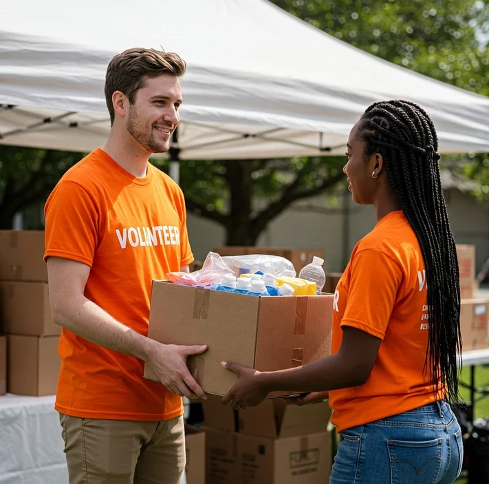 dos personas voluntarias en una recogida solidaria