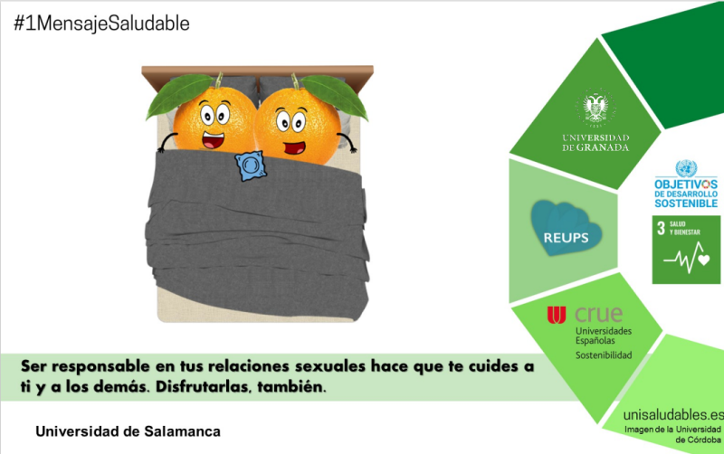 #1MensajeSaludable.Ser responsable en tus relaciones sexuales hace que te cuides a ti y a los demás. Dos emoticonos en la cama