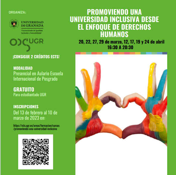 Promoviendo una Universidad Inclusiva desde el enfoque de los Derechos Humanos Cartel con manos en forma de corazón