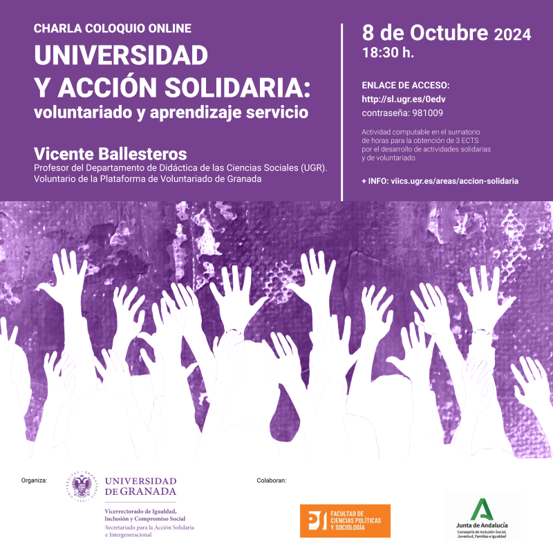Charla- Coloquio "Universidad y Acción Solidaria: voluntariado y aprendizaje servicio Siluetas blancas con las manos levantadas