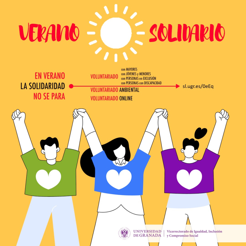 Campaña Verano Solidario ilustración de tres voluntarios con las manos alzadas debajo del sol